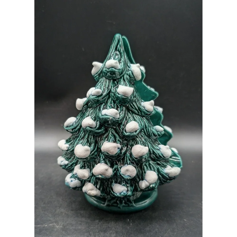 Vintage 1982 Handmade Ceramic Christmas Tree Napkin Holder Snow Capped Green